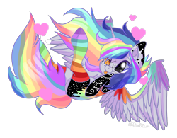 Size: 4084x3187 | Tagged: safe, artist:wicked-red-art, oc, oc only, oc:pastel chole, alicorn, pony, :p, alicorn oc, clothes, cute, female, freckles, heart, heterochromia, horn, mare, multicolored hair, rainbow hair, rainbow socks, simple background, socks, solo, striped socks, tattoo, tongue out, transparent background, ych result