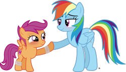 Size: 2797x1597 | Tagged: safe, artist:anime-equestria, rainbow dash, scootaloo, pegasus, pony, g4, bandage, blushing, cute, duo, female, happy, hoofbump, simple background, smiling, transparent background, vector, wings