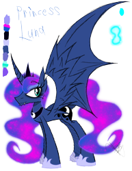 Size: 888x1150 | Tagged: safe, artist:didun850, princess luna, alicorn, bat pony, bat pony alicorn, pony, g4, ethereal mane, fangs, female, galaxy mane, hoof shoes, horn, mare, peytral, reference sheet, signature, simple background, spread wings, transparent background, wings
