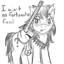 Size: 2000x2000 | Tagged: safe, artist:poniidesu, oc, oc only, oc:filly anon, earth pony, pony, 4chan, bag, bandolier, creedence clearwater revival, cute, drawthread, female, filly, fortunate son, gun, high res, it ain't me, machine gun, monochrome, ponified, ponified animal photo, saddle bag, solo, song reference, text, torn ear, weapon