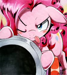 Size: 1827x2048 | Tagged: safe, artist:025aki, pinkie pie, earth pony, pony, g4, blushing, cannon, female, looking at you, mare, one eye closed, party cannon, solo, tongue out, traditional art, wink