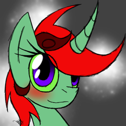 Size: 370x370 | Tagged: safe, artist:didun850, oc, oc only, oc:minty ace, pony, unicorn, abstract background, blushing, bust, curved horn, eye clipping through hair, female, horn, mare, smiling, solo, unicorn oc