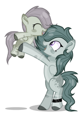 Size: 1760x2602 | Tagged: safe, artist:ssosi2, marble pie, oc, oc:limestone, pegasus, pony, g4, bipedal, female, filly, holding a pony, magical lesbian spawn, mare, mother and child, mother and daughter, offspring, parent:fluttershy, parent:marble pie, parents:marbleshy, race swap, simple background, transparent background