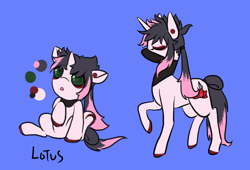 Size: 1000x680 | Tagged: safe, artist:lavvythejackalope, oc, oc only, oc:lotus, pony, unicorn, :o, baby, baby pony, clothes, colored hooves, eyes closed, horn, open mouth, raised hoof, reference sheet, scarf, sitting, unicorn oc