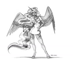 Size: 1400x1181 | Tagged: safe, artist:baron engel, princess luna, alicorn, anthro, unguligrade anthro, g4, breasts, busty princess luna, cleavage, clothes, digital art, female, garter belt, garters, grayscale, mare, monochrome, nurse, nurse outfit, pencil drawing, sketch, smiling, solo, stethoscope, stockings, thigh highs, traditional art