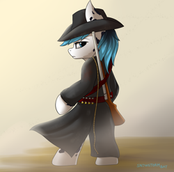 Size: 3027x2989 | Tagged: safe, artist:snowstormbat, oc, oc only, oc:dapples, earth pony, pony, ammunition, bipedal, clothes, cowboy hat, dirty, gun, hat, high res, male, red dead redemption, rifle, rope, simple background, smoke, solo, stallion, trenchcoat, weapon