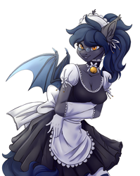 Size: 2054x2579 | Tagged: safe, artist:1an1, oc, oc only, oc:midnight measure, bat pony, anthro, anthro oc, bat pony oc, clothes, dress, female, glasses, gloves, high res, maid, mare, rule 63, simple background, solo, white background