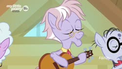 Size: 1920x1080 | Tagged: safe, screencap, dusty pages, mr. waddle, pony, g4, the point of no return, discovery family, discovery family logo, guitar, logo, musical instrument