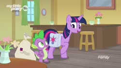 Size: 1920x1080 | Tagged: safe, screencap, spike, twilight sparkle, alicorn, dragon, pony, g4, the point of no return, bag, discovery family, discovery family logo, logo, saddle bag, twilight sparkle (alicorn), winged spike, wings