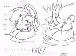 Size: 2048x1516 | Tagged: safe, artist:petanoprime, oc, oc only, oc:electric sketch, ..., art block, crying, drawing, female, freckles, hoof hold, lineart, mare, monochrome, pencil, signature, speech, traditional art
