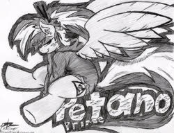 Size: 1952x1500 | Tagged: safe, artist:petanoprime, oc, oc only, oc:electric sketch, pegasus, pony, bedroom eyes, clothes, female, freckles, grayscale, grin, hairpin, hoodie, mare, monochrome, pegasus oc, pencil, pencil behind ear, signature, sitting, smiling, solo, text, traditional art, underhoof, wings