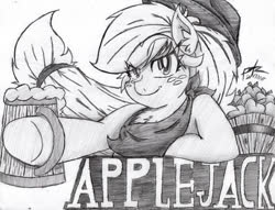 Size: 692x530 | Tagged: safe, artist:petanoprime, applejack, earth pony, pony, g4, apple, basket, beer stein, eye clipping through hair, female, food, freckles, grayscale, hat, hoof hold, mare, monochrome, neckerchief, signature, smiling, solo, text, traditional art