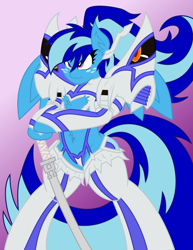 Size: 1024x1328 | Tagged: safe, artist:petanoprime, artist:vinylbecks, color edit, edit, oc, oc only, oc:electric sketch, pegasus, anthro, unguligrade anthro, armor, clothes, colored, cosplay, costume, crossover, female, freckles, frown, gradient background, kill la kill, pegasus oc, signature, solo, sword, text, weapon, wings