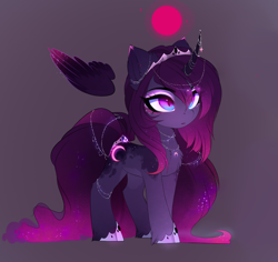 Size: 2508x2368 | Tagged: safe, artist:magnaluna, princess luna, alicorn, pony, blood moon, blood moon luna, chest fluff, crown, female, floating wings, horn, horn jewelry, jewelry, mare, moon, regalia, slit pupils, solo, unshorn fetlocks, wings