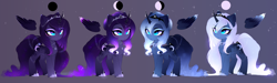 Size: 7912x2368 | Tagged: safe, artist:magnaluna, princess luna, alicorn, pony, alternate hairstyle, chest fluff, crown, cute, ear fluff, ethereal mane, female, floating wings, hoof shoes, horn, horn jewelry, jewelry, leg fluff, lunabetes, lunar phases, mare, moon, regalia, solo, unshorn fetlocks, wings