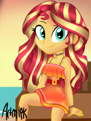 Size: 1536x2048 | Tagged: safe, artist:artmlpk, sunset shimmer, equestria girls, g4, alternate hairstyle, beach, belt, choker, clothes, cute, dress, female, legs, looking at you, shimmerbetes, smiling at you, solo, thighs