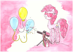 Size: 1280x906 | Tagged: safe, artist:zocidem, pinkie pie, cyborg, earth pony, pony, g4, augmented, crossover, deus ex, drawing, female, mare, party cannon, simple background, solo, technology, traditional art, visor, weapon