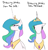 Size: 808x843 | Tagged: safe, artist:anticular, princess celestia, alicorn, pony, g4, comparison, derp, female, front view, hoers, horse problems, jewelry, majestic as fuck, mare, peytral, princess celestia is a horse, realistic, regalia, side view, simple background, sitting, solo, text, truth, wall eyed, wat, white background