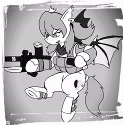 Size: 2017x2048 | Tagged: safe, alternate version, artist:omegapony16, oc, oc only, oc:oriponi, bat pony, pony, armor, bat pony oc, bayonet, clothes, ear piercing, earring, female, flying, frog (hoof), grayscale, grin, gun, high res, hoof hold, jewelry, mare, monochrome, piercing, smiling, soldier, solo, underhoof, vest, weapon