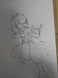 Size: 1080x1440 | Tagged: safe, artist:omegapony16, oc, oc only, classical hippogriff, hippogriff, anthro, digitigrade anthro, armor, gun, irl, lineart, lined paper, photo, soldier, solo, traditional art, weapon