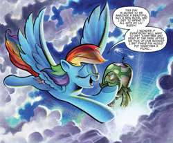 Size: 999x826 | Tagged: safe, artist:andypriceart, idw, rainbow dash, tank, pegasus, pony, tortoise, g4, spoiler:comic, spoiler:comic41, cloud, duo, female, flying, mare, sky, speech bubble, spread wings, sun, wings