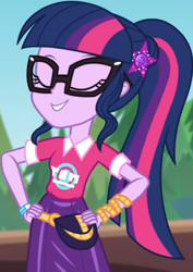 Size: 552x778 | Tagged: safe, screencap, sci-twi, twilight sparkle, equestria girls, equestria girls specials, g4, my little pony equestria girls: better together, my little pony equestria girls: sunset's backstage pass, clothes, collar, cropped, cute, eyes closed, female, forest, forest background, geode of telekinesis, glasses, hairclip, hand on hip, logo, magical geodes, music festival outfit, ponytail, pouch, shirt, short sleeves, skirt, smiling, solo, wrist wraps