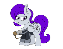 Size: 3000x2312 | Tagged: safe, artist:aaathebap, oc, oc only, oc:morning glory (project horizons), pegasus, pony, fallout equestria, fallout equestria: project horizons, aer-14, aer-14 prototype, brand, branded, cute, dashite, dashite brand, dork, ear fluff, energy weapon, fallout, fanfic, fanfic art, female, high res, hooves, laser, laser rifle, magical energy weapon, mare, png, simple background, solo, standing, transparent background, unamused, weapon, wings