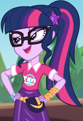 Size: 537x780 | Tagged: safe, screencap, sci-twi, twilight sparkle, equestria girls, equestria girls series, g4, sunset's backstage pass!, spoiler:eqg series (season 2), clothes, collar, cropped, cute, female, forest, forest background, geode of telekinesis, glasses, hairclip, hand on hip, lidded eyes, logo, magical geodes, music festival outfit, ponytail, pouch, shirt, short sleeves, skirt, smiling, solo, wrist wraps