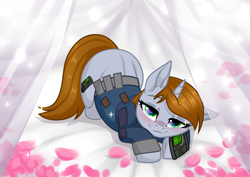 Size: 3465x2454 | Tagged: safe, alternate character, alternate version, artist:rioshi, artist:sparkling_light base, artist:starshade, part of a set, oc, oc only, oc:littlepip, pony, unicorn, fallout equestria, ass up, base used, bed, bedroom eyes, blushing, butt, clothes, cute, cutie mark, face down ass up, fanfic, fanfic art, female, flower, flower petals, high res, hooves, horn, jumpsuit, looking at you, mare, pipbuck, plot, smiling, solo, vault suit, ych result