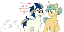 Size: 1327x668 | Tagged: safe, artist:redxbacon, oc, oc only, oc:lemon lime (ender), oc:sub-base ensemble, earth pony, pony, unicorn, bush, concerned, following, hiding in bushes, looking at each other, stalker, stalking