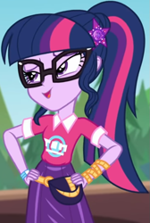 Size: 533x794 | Tagged: safe, screencap, sci-twi, twilight sparkle, equestria girls, equestria girls specials, g4, my little pony equestria girls: better together, my little pony equestria girls: sunset's backstage pass, clothes, collar, cropped, cute, female, forest, forest background, geode of telekinesis, glasses, hairclip, hand on hip, lidded eyes, logo, magical geodes, music festival outfit, ponytail, pouch, shirt, short sleeves, skirt, smiling, solo