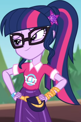 Size: 530x797 | Tagged: safe, screencap, sci-twi, twilight sparkle, equestria girls, equestria girls series, g4, sunset's backstage pass!, spoiler:eqg series (season 2), clothes, collar, cropped, cute, female, forest, geode of fauna, glasses, hairclip, hand on hip, lidded eyes, logo, magical geodes, music festival outfit, ponytail, pouch, shirt, short sleeves, skirt, smiling, solo, wrist wraps
