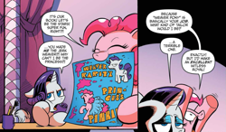 Size: 999x582 | Tagged: safe, artist:andypriceart, idw, official comic, pinkie pie, rarity, earth pony, pony, unicorn, g4, spoiler:comic, spoiler:comic42, comic, cropped, duo, female, mare, mouth hold, speech bubble