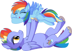 Size: 8569x6102 | Tagged: safe, artist:cyanlightning, bow hothoof, rainbow dash, pegasus, pony, g4, .svg available, absurd resolution, blank flank, duo, ear fluff, eyes closed, father and child, father and daughter, female, filly, filly rainbow dash, lidded eyes, male, on back, simple background, smiling, stallion, transparent background, upsies, vector, younger