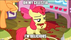 Size: 888x499 | Tagged: safe, edit, edited screencap, editor:twi clown, screencap, apple bloom, applejack, earth pony, pony, g4, somepony to watch over me, caption, cropped, cute, female, filly, image macro, licking, mare, meme, messy, solo focus, text, tongue out