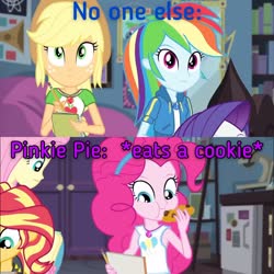 Size: 2048x2048 | Tagged: safe, edit, edited screencap, screencap, applejack, fluttershy, pinkie pie, rainbow dash, rarity, sunset shimmer, equestria girls, g4, my little pony equestria girls: better together, the finals countdown, animation error, clothes, cutie mark, cutie mark on clothes, geode of sugar bombs, geode of super speed, geode of super strength, high res, magical geodes, pinkie being pinkie, tank top