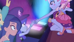 Size: 1455x828 | Tagged: safe, screencap, desert sage, guy grove, kiwi lollipop, space camp, equestria girls, equestria girls specials, g4, my little pony equestria girls: better together, my little pony equestria girls: sunset's backstage pass, bare shoulders, guitar, high five, musical instrument, sleeveless, strapless