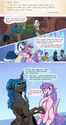 Size: 1280x2418 | Tagged: safe, artist:overlordneon, flash sentry, princess cadance, princess flurry heart, shining armor, zecora, oc, oc:chriki, alicorn, changepony, hybrid, pegasus, pony, unicorn, zebra, g4, adult, adult flurry heart, armor, ask, beard, comic, crystal guard, crystal guard armor, facial hair, father and child, father and daughter, female, husband and wife, male, mare, mother and child, mother and daughter, next generation, older, older flurry heart, older shining armor, open mouth, parent:queen chrysalis, raised hoof, royal guard, spear, speech bubble, stallion, tumblr, weapon