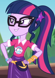Size: 554x783 | Tagged: safe, screencap, sci-twi, twilight sparkle, equestria girls, equestria girls series, g4, sunset's backstage pass!, spoiler:eqg series (season 2), clothes, collar, cropped, cute, female, forest, forest background, geode of telekinesis, glasses, hairclip, hand on hip, lidded eyes, logo, magical geodes, music festival outfit, ponytail, pouch, shirt, short sleeves, skirt, smiling, solo, wrist wraps
