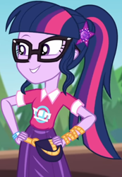 Size: 544x784 | Tagged: safe, screencap, sci-twi, twilight sparkle, equestria girls, equestria girls series, g4, sunset's backstage pass!, spoiler:eqg series (season 2), clothes, collar, cropped, cute, female, forest, forest background, geode of telekinesis, glasses, hairclip, hand on hip, lidded eyes, logo, magical geodes, music festival outfit, ponytail, pouch, shirt, short sleeves, skirt, smiling, solo, wrist wraps