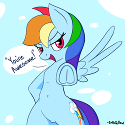 Size: 1100x1100 | Tagged: safe, artist:infrayellow, rainbow dash, pegasus, pony, g4, backwards cutie mark, belly button, bipedal, cute, dialogue, female, frog (hoof), hooves, lidded eyes, looking at you, mare, motivational, pointing at you, positive ponies, smiling, solo, underhoof, wide hips