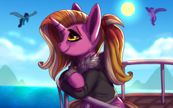 Size: 1920x1200 | Tagged: safe, artist:brainiac, artist:rifthebit, derpibooru exclusive, luster dawn, pegasus, pony, unicorn, g4, anatomically incorrect, clothes, collaboration, day, female, mare, outdoors, ponytail, railing, solo focus