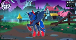 Size: 960x504 | Tagged: safe, gameloft, idw, princess luna, alicorn, pony, g4, official, reflections, spoiler:comic, spoiler:comic19, spoiler:comic20, badass, castle, evil counterpart, evil luna, facebook, female, fence, flower, grass, house, idw showified, jewelry, looking at you, mare, mirror universe, moon, my little pony logo, raised hoof, regalia, solo, tree