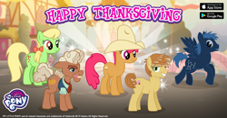 Size: 960x504 | Tagged: safe, gameloft, apple cherry, apple munchies, feather bangs, ma hooffield, star hunter, earth pony, pegasus, pony, g4, official, apple family member, cowboy hat, facebook, female, hat, holiday, hooffield family, looking at you, male, mare, my little pony logo, ribbon, smiling, stallion, text, thanksgiving, wings