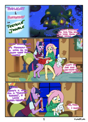 Size: 3114x4354 | Tagged: safe, artist:kumakum, fluttershy, twilight sparkle, anthro, unguligrade anthro, comic:tentacle trouble, g4, book, clothes, comic, dialogue, fluttershy's cottage, necktie, reading, sitting, skirt, summoning, sweater, sweatershy, vest