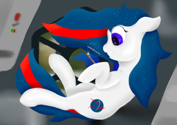 Size: 4960x3508 | Tagged: safe, artist:ahorseofcourse, oc, oc only, oc:nasapone, pony, clipboard, female, floating, mare, pen, smiling, solo, space, zero gravity