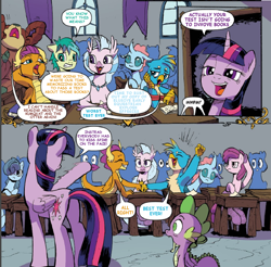 Size: 1112x1096 | Tagged: safe, artist:pencils, edit, idw, gallus, ocellus, sandbar, silverstream, smolder, spike, twilight sparkle, yona, alicorn, changeling, dragon, earth pony, griffon, hippogriff, pony, yak, g4, butt, comic, dragoness, female, funny, gallspike, male, mare, out of character, plot, ship:spolder, shipping, straight, student six, text edit, twilight sparkle (alicorn), unnamed character, unnamed pony, winged spike, wings