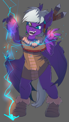Size: 1080x1920 | Tagged: source needed, safe, artist:noben, oc, oc only, oc:calla blossom, bat pony, anthro, boots, clothes, coat, elemental magic, heterochromia, lightning, lightning magic, male, shoes, solo, tribal