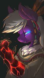 Size: 1080x1920 | Tagged: safe, artist:noben, oc, oc only, oc:calla blossom, bat pony, anthro, bust, clothes, coat, elemental magic, fangs, glowing eyes, lava, male, solo, tribal