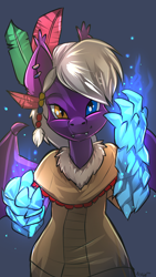 Size: 1080x1920 | Tagged: source needed, safe, artist:noben, oc, oc only, oc:calla blossom, bat pony, anthro, clothes, coat, ear piercing, earring, elemental magic, fangs, heterochromia, ice, ice magic, jewelry, male, piercing, solo, tribal